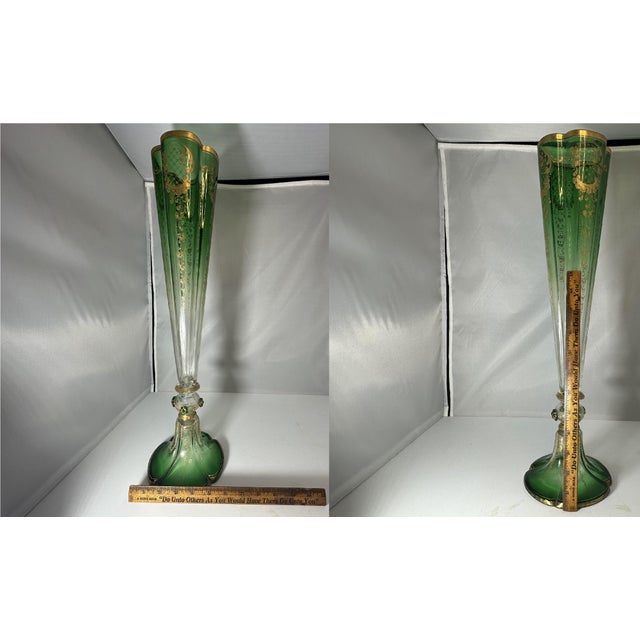 Antique Moser Green to Clear Trumpet Vase: Bohemian Gold Gilt Decor (18.5") For Sale - Image 10 of 10