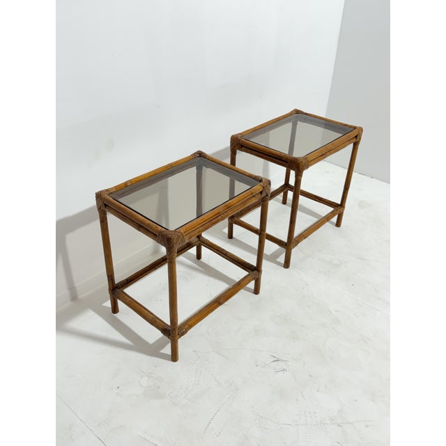 Bamboo Nightstands with Glass Top, Italy, 1960, Set of 2 For Sale - Image 6 of 12