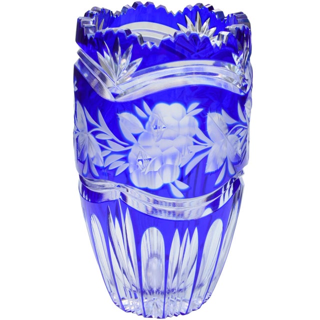 Glass Vintage Blue Crystal-Cut Vase With Floral-Patterned Itching For Sale - Image 7 of 7
