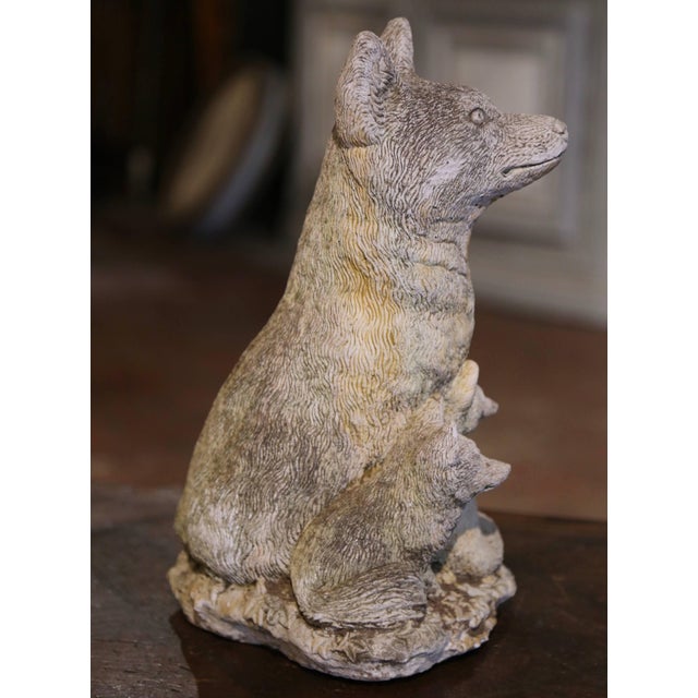 Sculpture Materials Mid-Century French Weathered Stone Garden Sculpture of Fox With Two Pups For Sale - Image 7 of 9