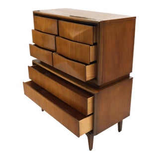 Diamond Front Walnut Mid-Century Modern Double High Chest Dresser For Sale