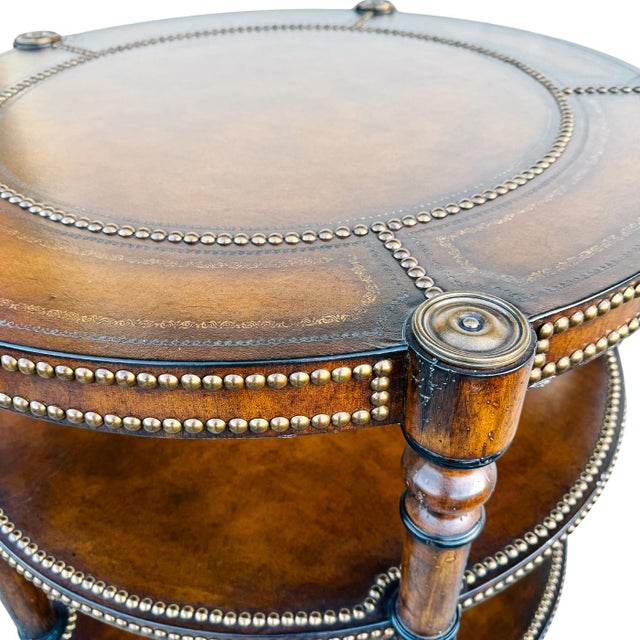 Brown Vintage Regency Leather & Brass 3-Tier Round Center Table - Attributed to Maitland-Smith For Sale - Image 8 of 10