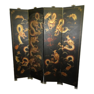 Vintage Oriental Asian Black & Gold Four Panel Screen Room Divider ~ Dragons