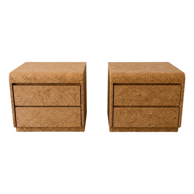 1970s Mid-Century Modern Walnut Burl Two-Drawer Nightstands, Pair For Sale