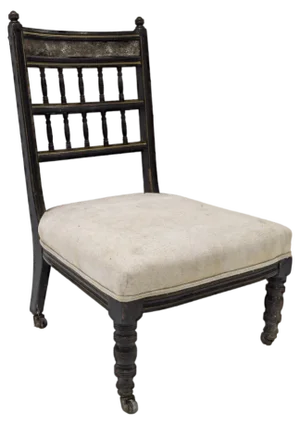 Gilt & Jappaned Wood Low Occasional Chair With Embossed Leather Top Rail by Bruce Talbert