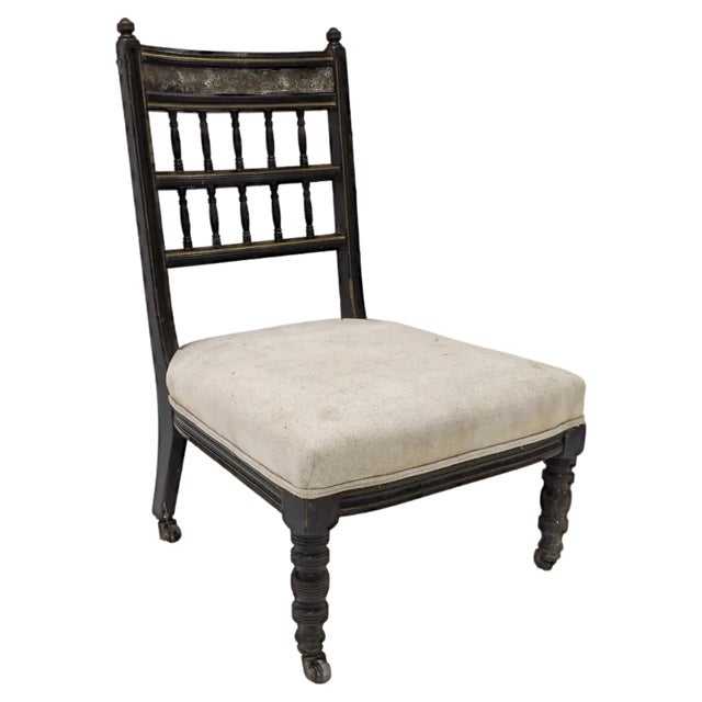 Low Gilt & Japanned Wood Occasional Chair with Embossed Leather Top Rail from Bruce Talbert For Sale