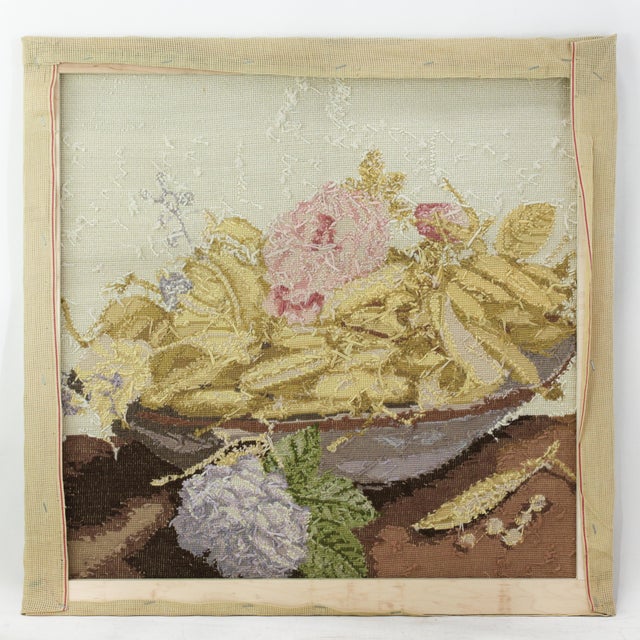 Yellow Vintage Botanical Needlepoint Textile Art – Still Life Bowl of Pease and Pink Rose Blossom For Sale - Image 8 of 8