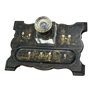 Antique 19th Century Black Lacquer Chinoiserie Inkstand With Cut Glass Inkwell For Sale