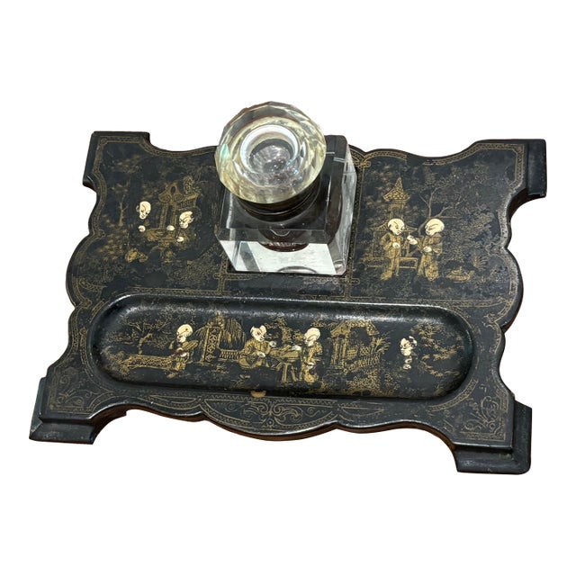 Antique 19th Century Black Lacquer Chinoiserie Inkstand With Cut Glass Inkwell For Sale
