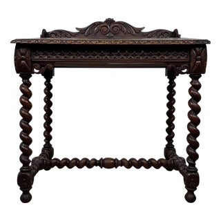 19th Antique Century English Victorian Carved Oak Writing Table with Leather Top For Sale