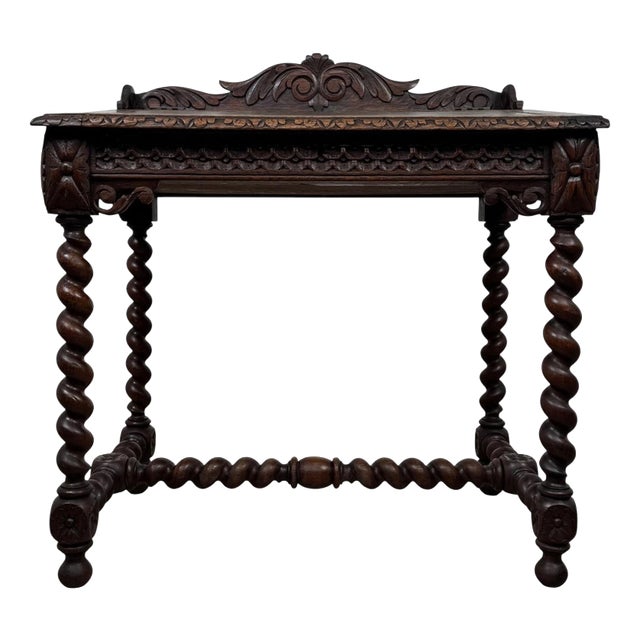 19th Antique Century English Victorian Carved Oak Writing Table with Leather Top For Sale
