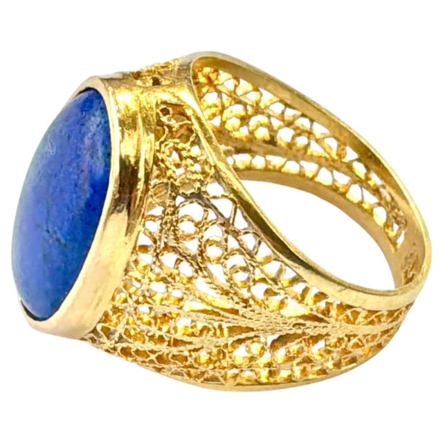 18k Gold Filigree Lapis Lazuli Ring For Sale - Image 4 of 11