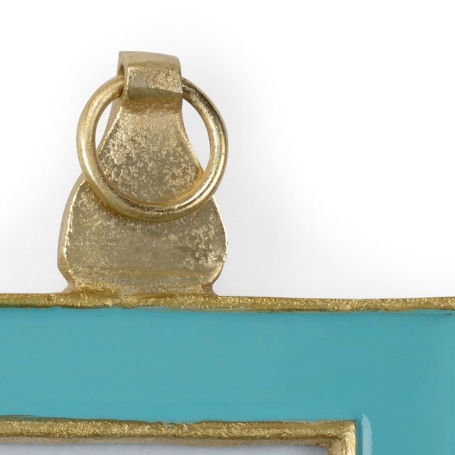Aqua enamel wall frame trimmed in textured gold, holds 4 x 4 photo. 9.5h x 6.3w x .8d