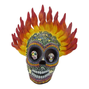 Alfonso Castillo Orta Flaming Fire Skull Day of Dead Mexican Folk Pottery