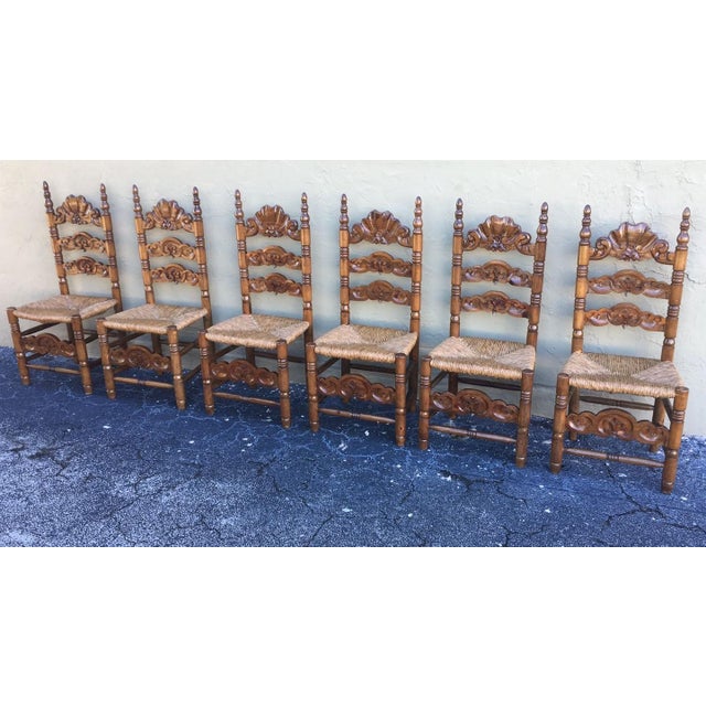 20th Century Set of Six Catalan Chairs in Carved Walnut and Caned Seats For Sale - Image 14 of 18