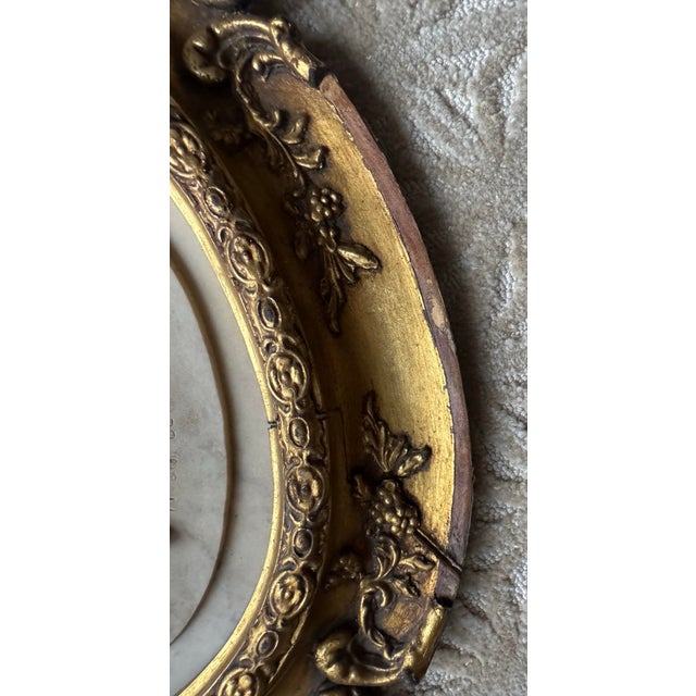 Antique Neoclassical Carved Marble Cherub Bas Relief in Ornate Gilt Oval Frame For Sale - Image 9 of 12