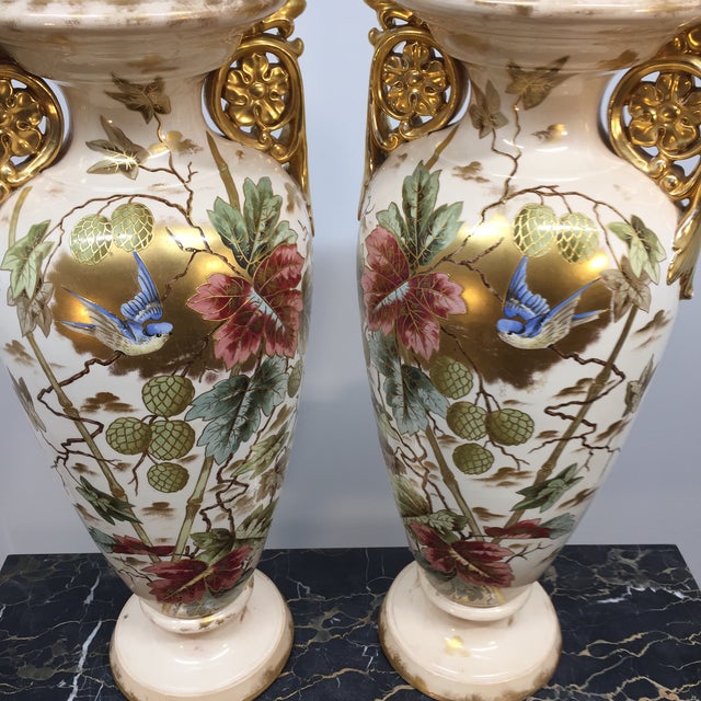 Pair of Large Apposing Royal Bonn Handled Vases in Floral and Bird Motif For Sale - Image 10 of 18