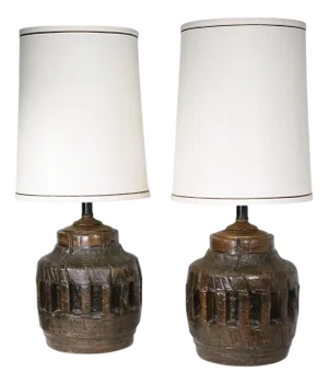 Pr. Rustic Brutalist School Wagon Wheel Table Lamps Circa 1970’s