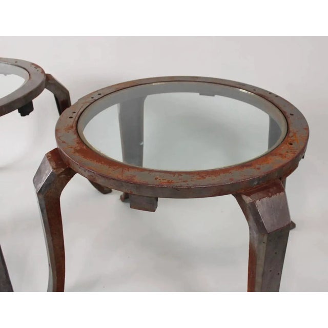 Industrial Pair of Industrial Glass Top Tables Circa 1940s For Sale - Image 3 of 9