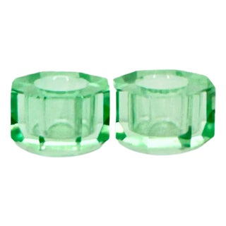 Danish Faceted Crystal Candle Holder Green Pair For Sale