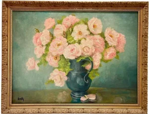 Marie-Madeleine de Rasky, Roses from Laurette's Garden in a Tin Pot, Oil on Canvas, Framed