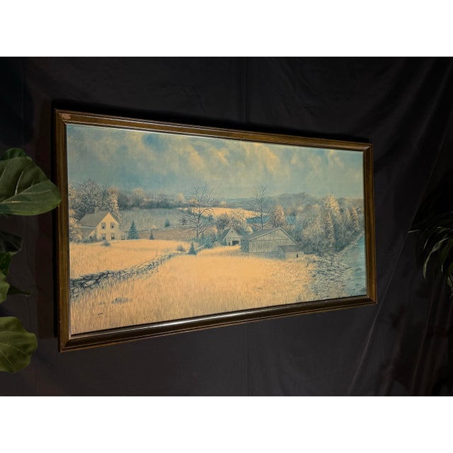 Stone Gray Mid 19th Century Large Framed Winter Countryside Landscape Wall Art, 50” X 27” For Sale - Image 8 of 8