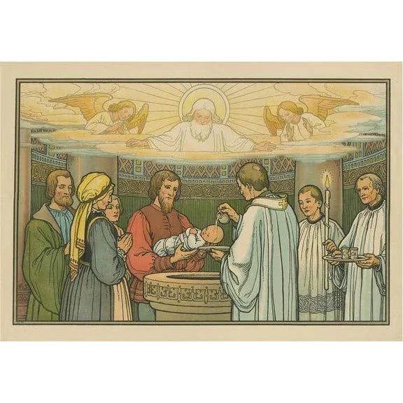 1910s Philipp Schumacher, Religious Illustration of the Seven Sacraments, Baptism, 1913, Print For Sale - Image 5 of 5