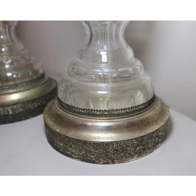 Vintage Pair of 2 Cut Clear Crystal Glass Silver Toned Electric Table Lamps For Sale - Image 10 of 12