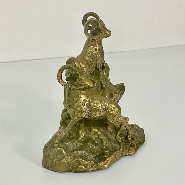 1970s Mid-Century Rustic Arts & Crafts Big Horn Sheep Brass Sculpture For Sale - Image 10 of 11