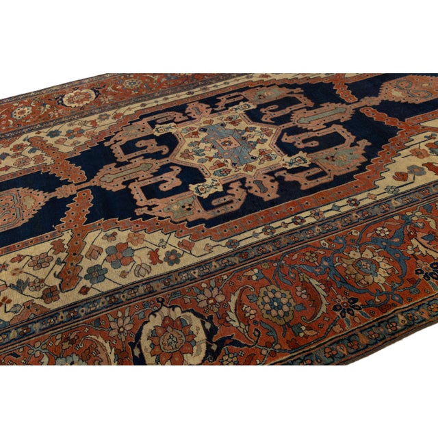 1880s Antique Persian Serapi Blue Wool Rug Featuring a Medallion Design For Sale In New York - Image 6 of 10
