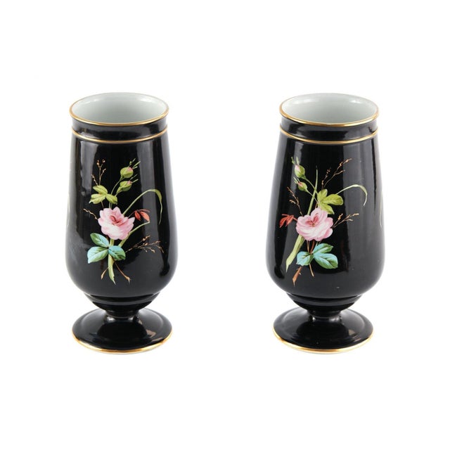 Pair of mid 19th Century Victorian antique porcelain vases which have black tapering bodies decorated with beautifully...