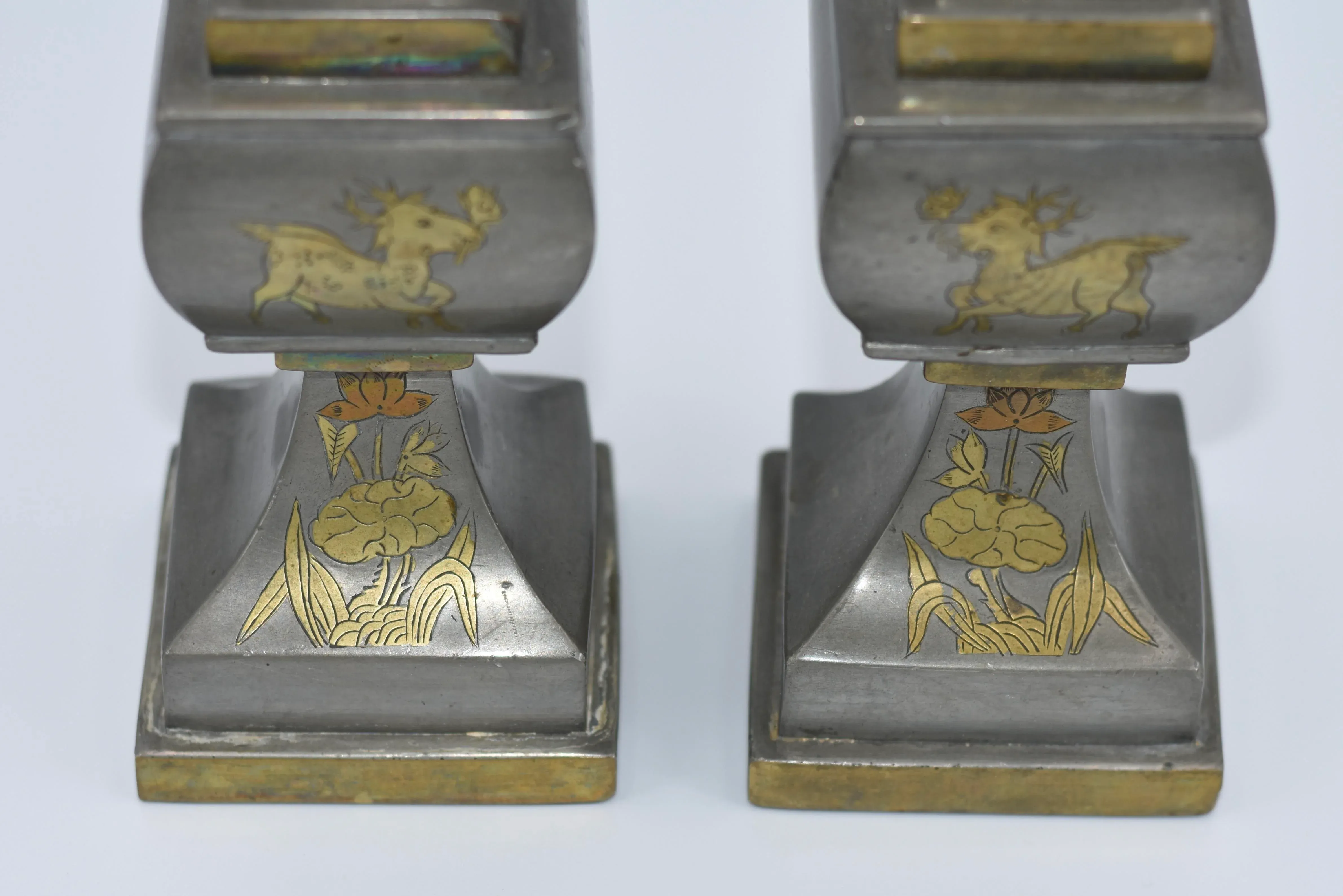 Late 19th Century Chinese Pewter & Brass Temple Alter Candlesticks