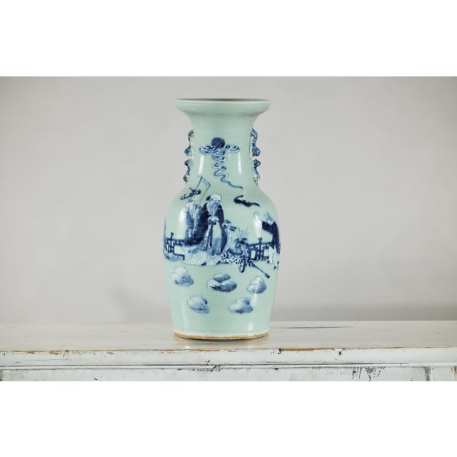Chinese Blue and White Porcelain Altar Vase With Immortal Figures and Celadon Tint For Sale - Image 9 of 18