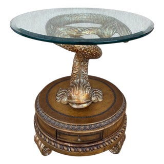 1990s Dolphin Koi Baroque Side End Table Serpent Gold Gilt Pedestal With Drawer For Sale