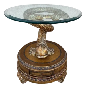 1990s Dolphin Koi Baroque Side End Table Serpent Gold Gilt Pedestal With Drawer