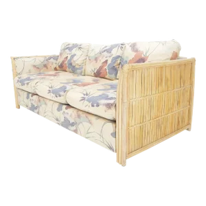Mid Century Three Seater Bamboo Frame Flowered Upholstery Sofa Couch