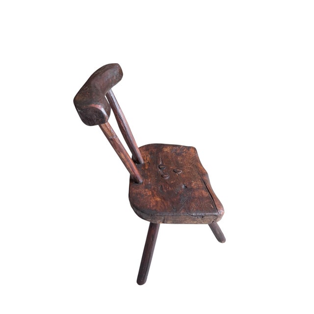 Three-Legged Wooden Stool with Backrest For Sale - Image 5 of 6