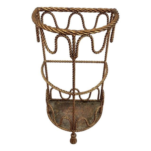 Mid Twentieth Century Hollywood Regency Twisted Metal Rope and Tassel Petite Demilune Three Shelf Table For Sale
