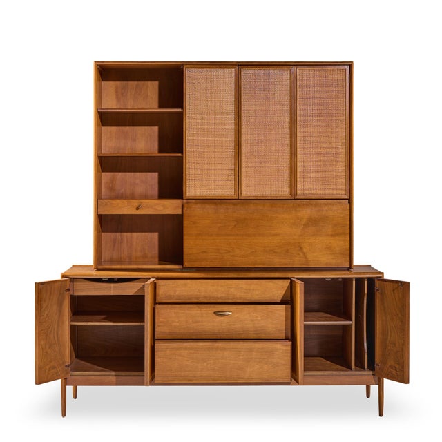 Wood Barney Flagg for Drexel Parallel Mid Century Walnut and Cane Credenza and Hutch For Sale - Image 7 of 15
