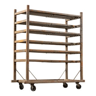 Early 20th Century Industrial Wood Rolling Drying Rack With Steel Hardware For Sale