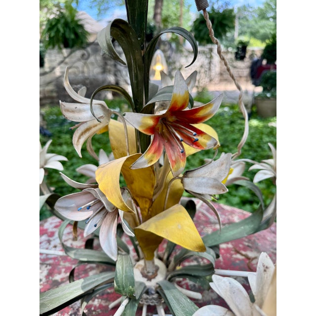 White Vintage 1960’s Italian Hand Painted Polychrome 5 Arm Metal Tole Chandelier With Lilies For Sale - Image 8 of 12