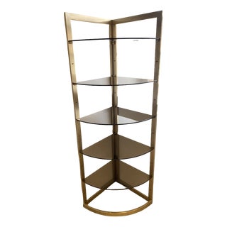 Vintage Modular Wall-Mounted Corner Display Bookcase with Glass Shelves and Gilt Metal Shelves, 1970s For Sale