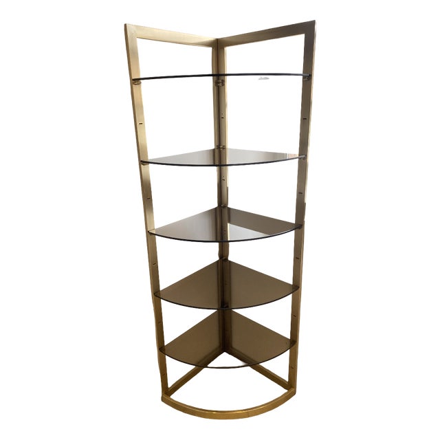 Vintage Modular Wall-Mounted Corner Display Bookcase with Glass Shelves and Gilt Metal Shelves, 1970s For Sale