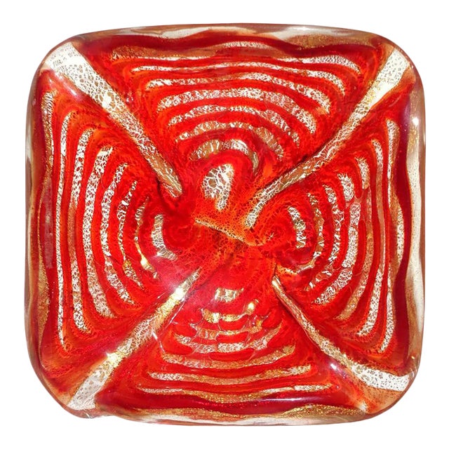 Murano Barovier Toso Red Spiderweb Gold Flecks Italian Art Glass Vintage Mid Century Bowl Ashtray For Sale