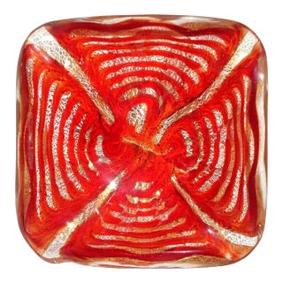 Vintage Murano Barovier Toso Red Spiderweb Gold Flecks Italian Art Glass Mid Century Bowl Ashtray For Sale