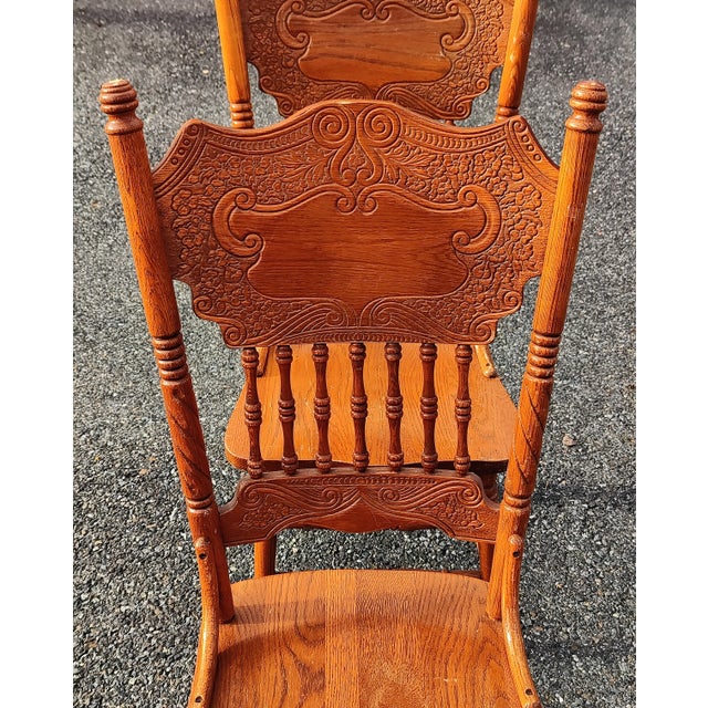 Brown Mid 20th Century Vintage Solid Wood Carved Pressed Back Dining Chairs, Set of 2 For Sale - Image 8 of 8