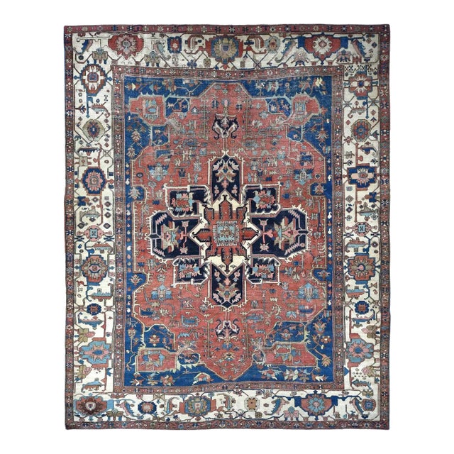 1890 Red Antique Persian Serapi Heriz Wool Hand Knotted Even Wear Rug 11'3"x15'3" For Sale