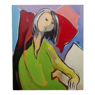 Fay Singer - Woman in Green Reading -Oil Painting For Sale