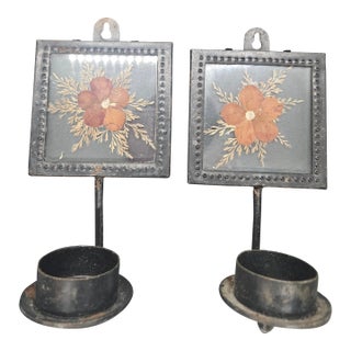 Pair of Vintage Black Metal Wall Candle Sconces With Dried Flower Glass Inserts For Sale