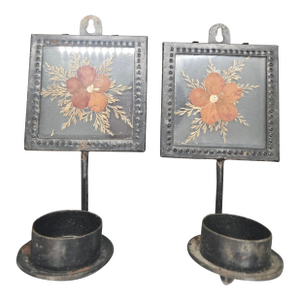 Pair of Vintage Black Metal Wall Candle Sconces With Dried Flower Glass Inserts